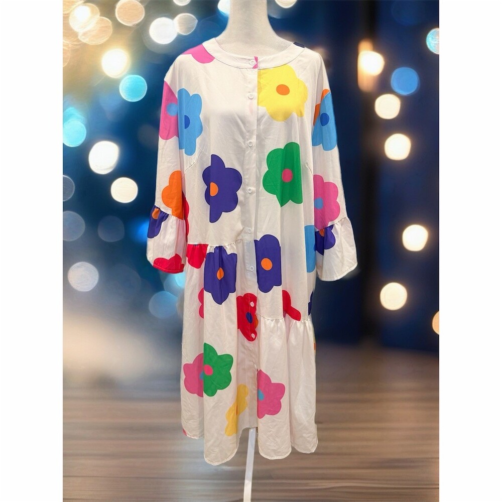 Handmade Dress Women’s M Multicolor Floral Tiered Midi Button Front Bell